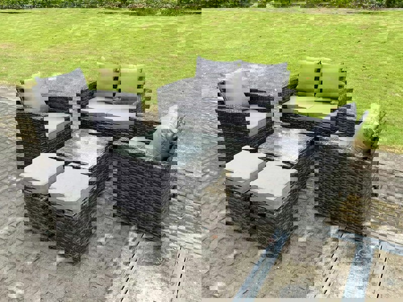 Fimous 6 Seater Dark Grey Mixed High Back Rattan Sofa Set Square Coffee Table Garden Furniture Outdoor 2 Stools