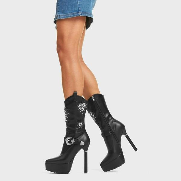 Lamoda Anger Management Women Black PU Leo Heart Calf Boots Chunky Platform