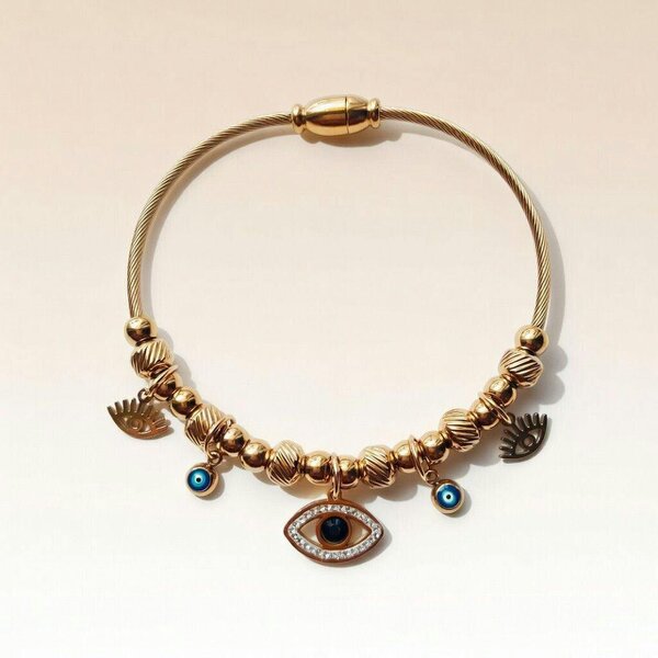 The Colourful Aura Rose Gold Evil Eye Dangle Charms Protection Dangly Bracelet - Rose Gold