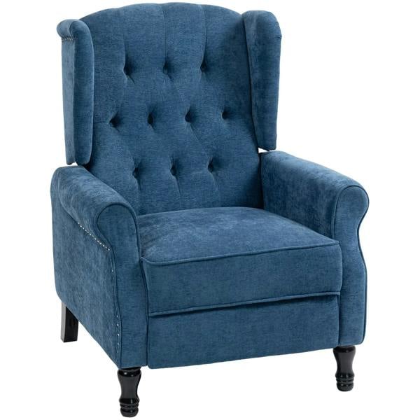 Royal blue reclining vintage armchair with tufted back, padded arms, and nailhead trim