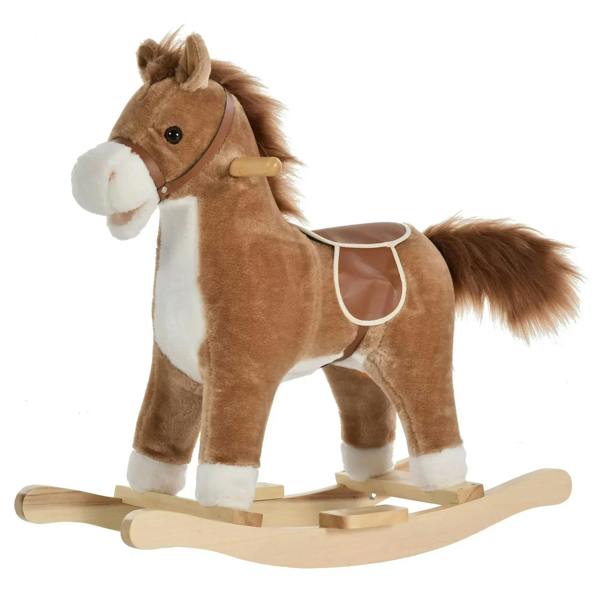 Kids brown plush rocking horse with white muzzle and belly, wooden rockers, side view