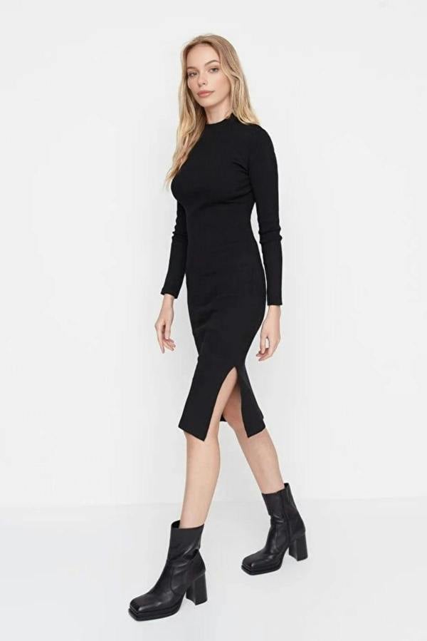 WOVCOR Crew Neck Midi Ribbed Stretch Knit Pencil Dress with Slit