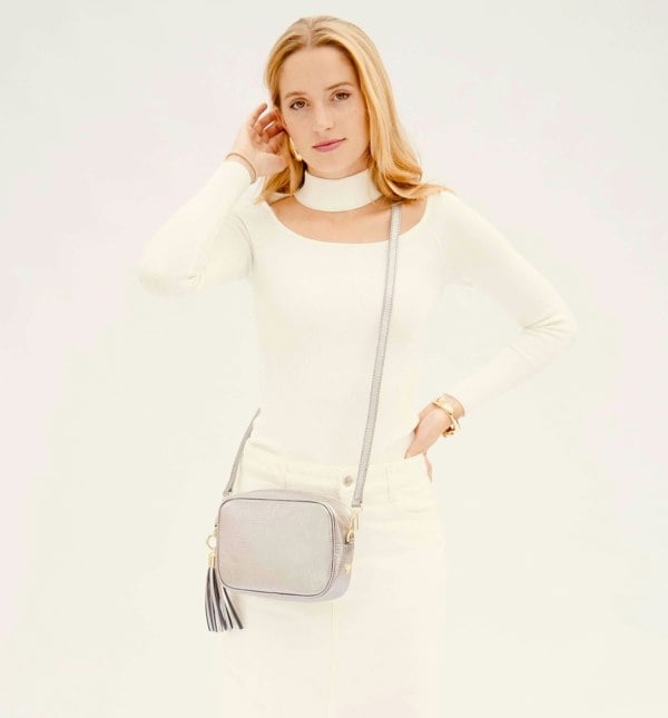 Apatchy London The Tassel Pewter Leather Crossbody Bag With Gold Chain Strap