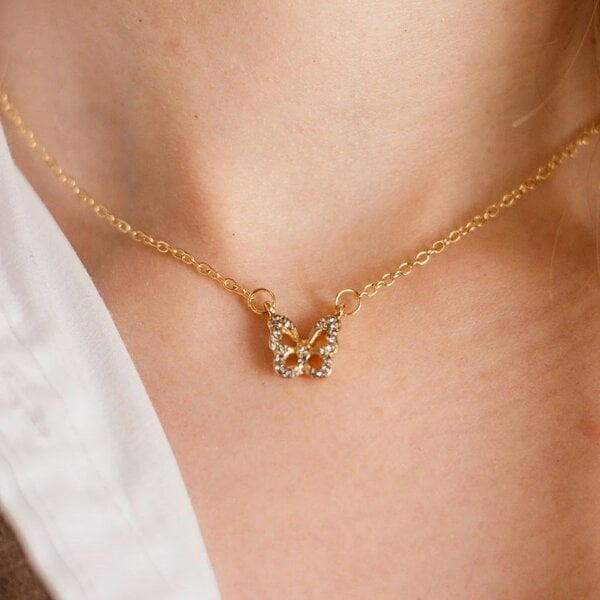 The Colourful Aura Silver and Gold Sparkly Dainty Butterfly Minimalistic Pendant Necklace - Gold - Gold