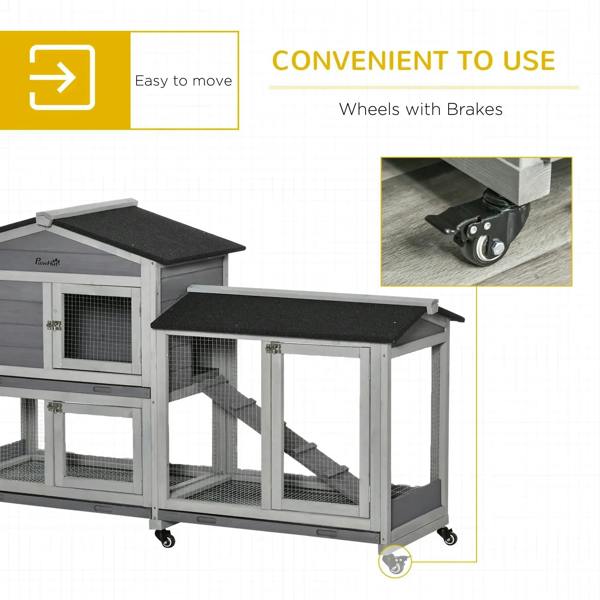 Grey wooden pet hutch with black roofs and ramp, shown with lockable rolling wheels