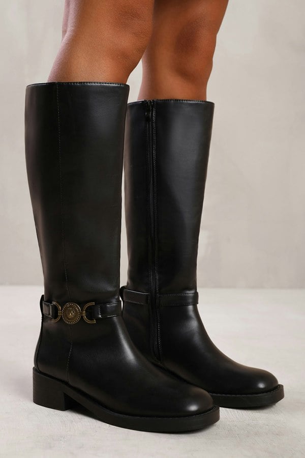 Where's That From Washington Below Knee Boot With Gold Buckle Detail in Black Faux Leather