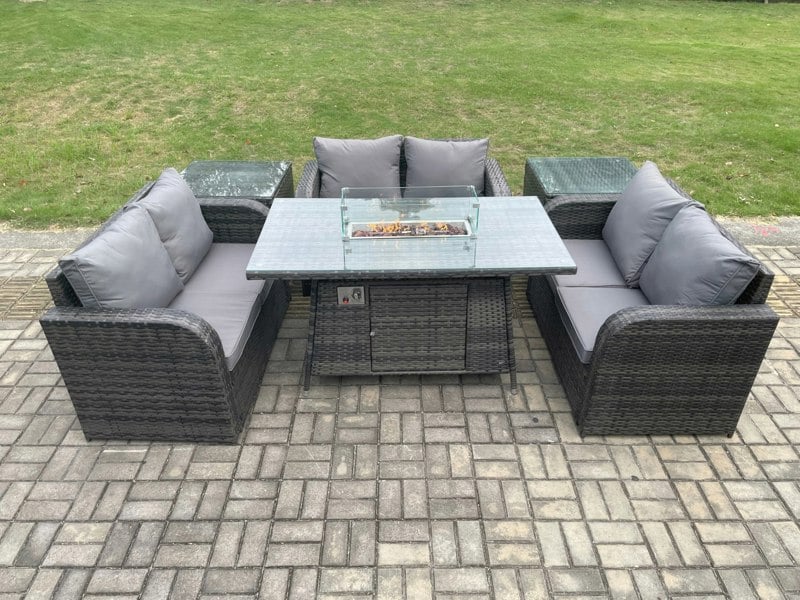 Fimous Rattan Outdoor Garden Furniture Sofa Set Gas Fire Pit Dining Table Gas Heater with 2 Side Tables Love Sofa Dark Grey Mixed