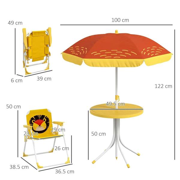 Lion-themed kids picnic table and chairs set with adjustable parasol, dimension diagram