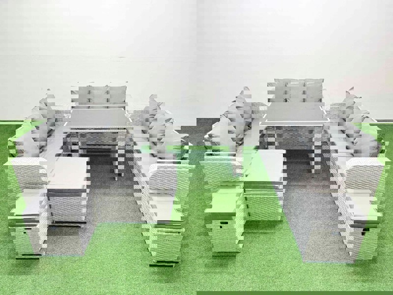 Fimous Patio Garden Furniture Sets with Black Glass Top Dining Table 3 Seater Sofa 3 Stool Light Grey