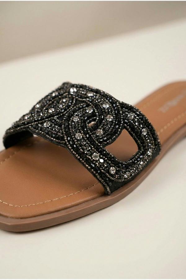 Maud Embellished Woven Knot Flat Sliders - Black