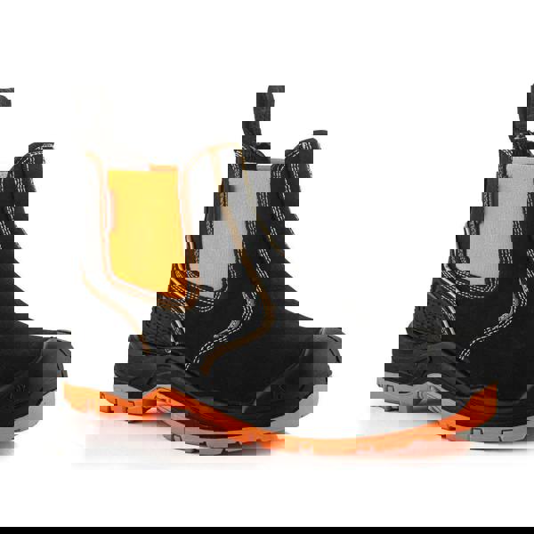 Buckbootz BVIZ3 Mens Pull On S7S Dealer Chelsea Safety Ankle Boots, Black and orange safety work boots with slip-resistant sole and durable construction.