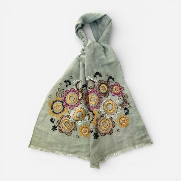 Hayley & Co Hand Embroidered 100% Linen Scarf in Grey Floral