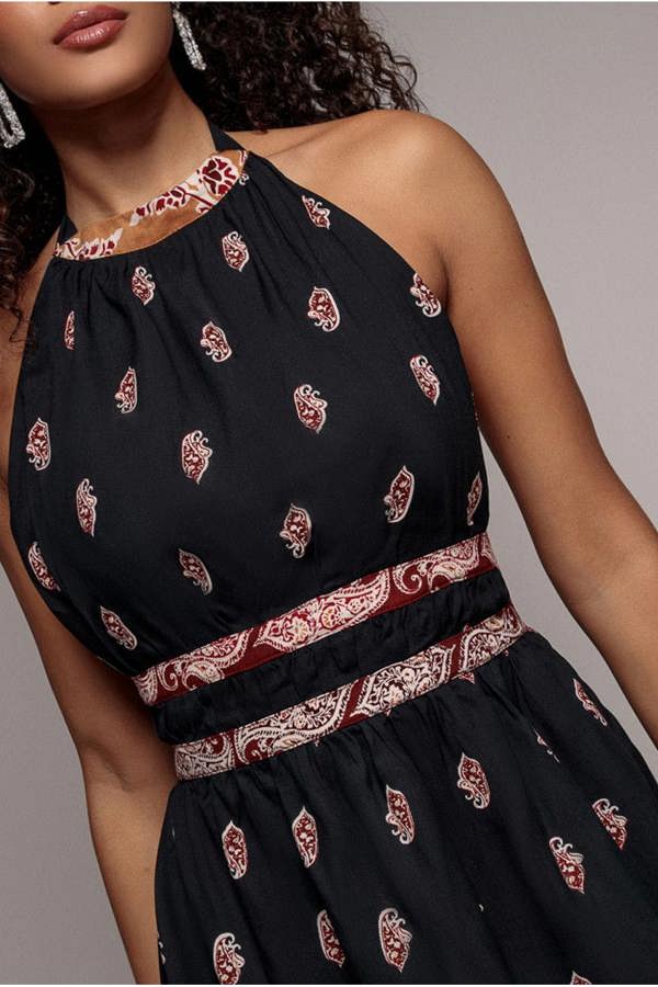Halter Neck Printed Midi Dress - Black DR3557