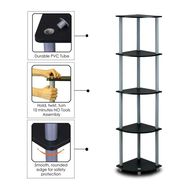 WALPLUS Space-Saving Turn-N-Tube 3-Tier Corner Display Rack Multipurpose Shelving Unit, Black/Grey for Small Spaces