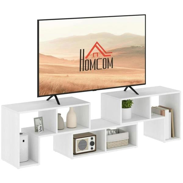 White wood-effect three-block TV stand with open storage compartments and shelves