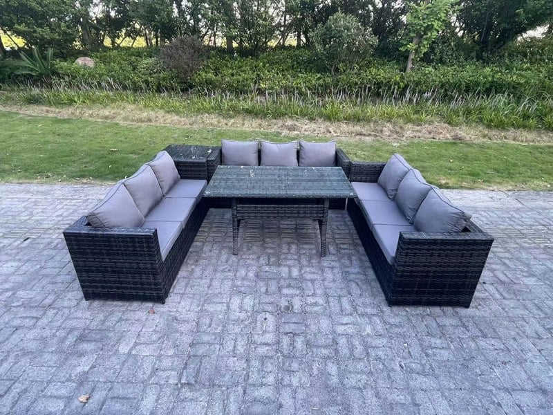 Fimous Outdoor Wicker Garden Furniture Rattan Lounge Sofa Set Patio Rectangular Dining Table with Side Table 9 Seater Dark Grey Mixed