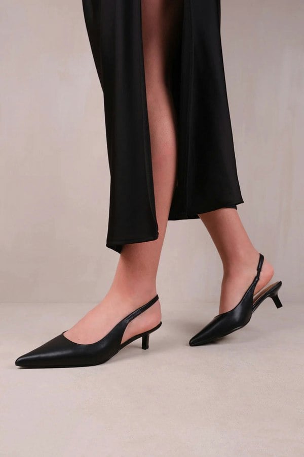 Where's That From New Form Wide Fit Low Kitten Heels With Pointed Toe & Elastic Slingback in Black Faux Leather