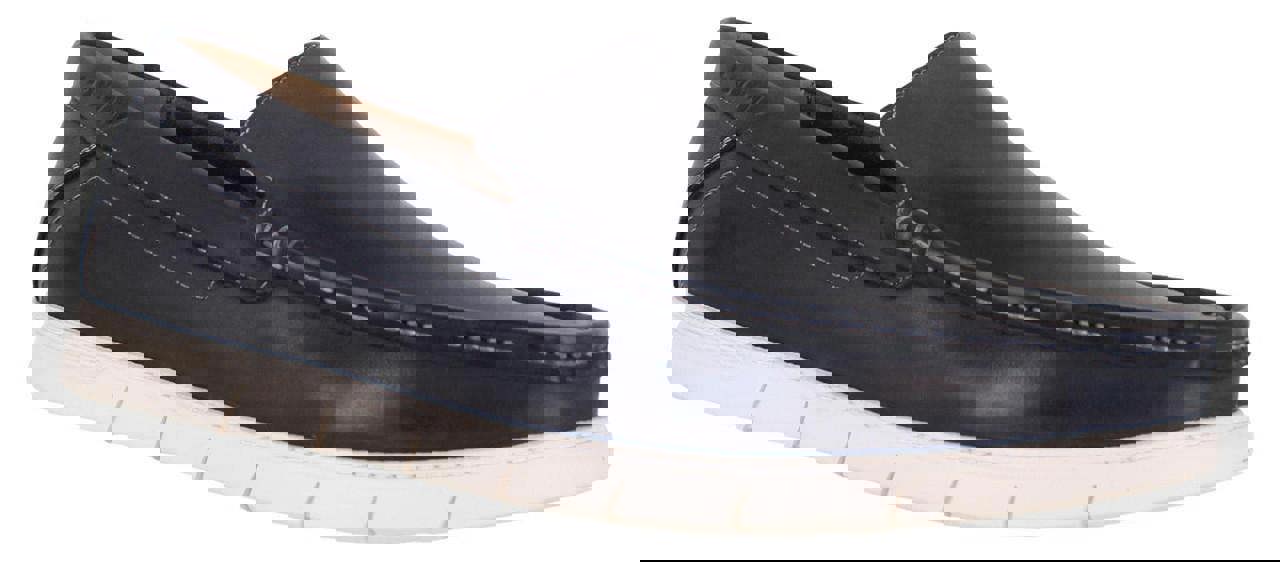 FRONT Front Dino Mens Smart Casual Slip On Loafer Shoes, black slip-on loafers with white sole, made for stylish comfort.