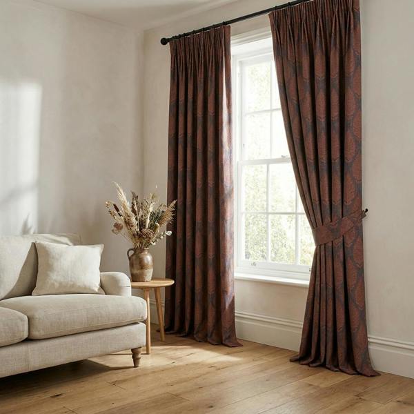Treasure made-to-measure curtains in Tigers Eye, styled in a living room