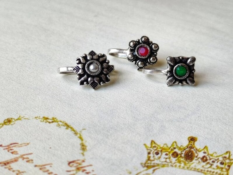 The Colourful Aura German Silver Multicolour Stone Transitional Clip On Non Pierced Nose Ring