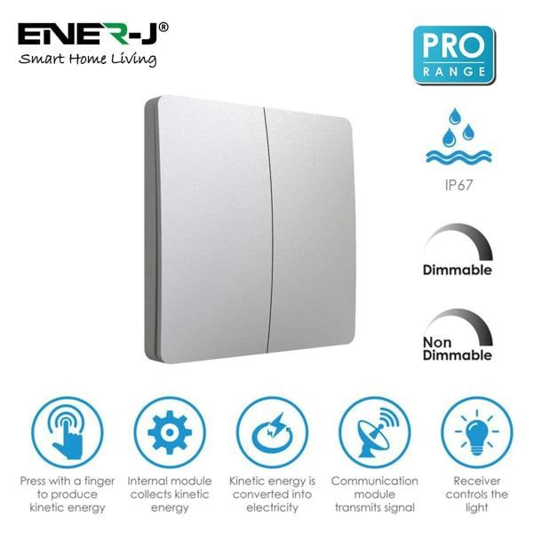 ENER-J 2 Gang Wireless Kinetic Switch Silver Body, IP55 - PRO Series
