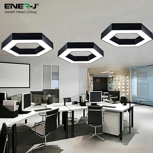 ENER-J HexaGlow Hollow Hexagon LED Light, 25â 50W, Remote Control, 3000Kâ 6500K CCT, Ceiling or Hanging Installation, Black Finish, 600mm