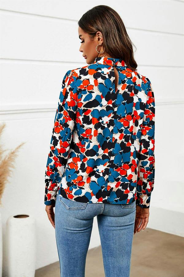 FS Collection Floral Print Long Sleeve High Neck Top In Blue