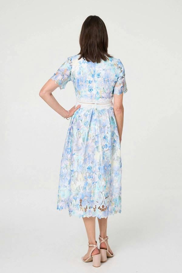 Blue | Floral Semi Sheer Lace Layer Midi Dress