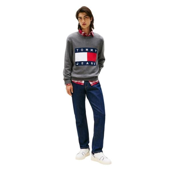 Tommy Jeans Mens Flag Logo Crew Neck Jumper - Black Heather - 