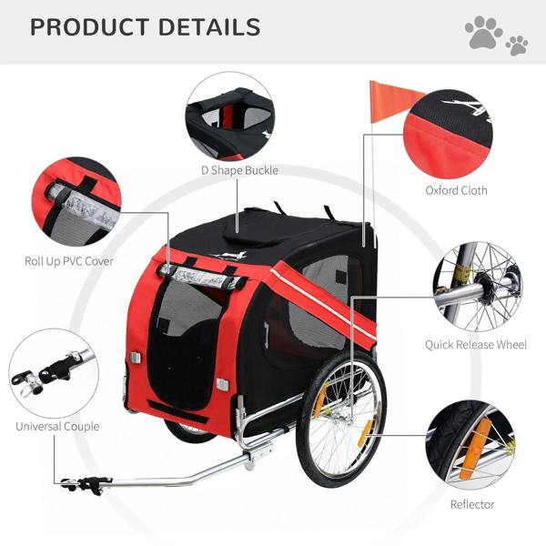 Red and black bicycle pet trailer with side door, mesh windows, and quick-release wheel