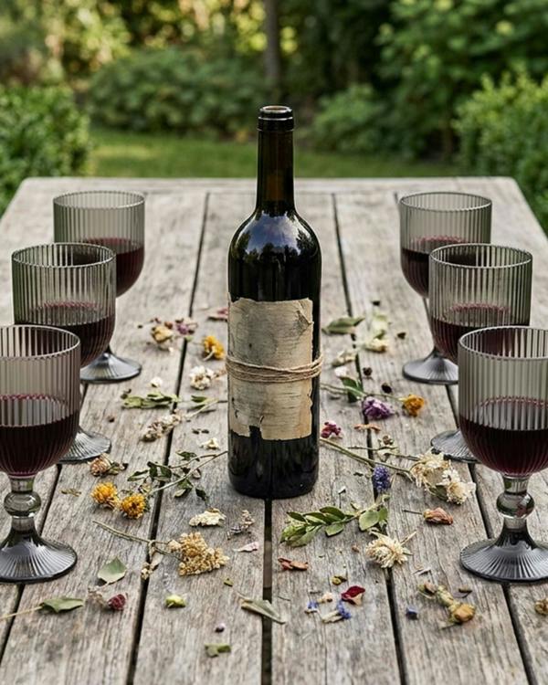 Set of ribbed glass goblets on a wooden surface with a pine cone.