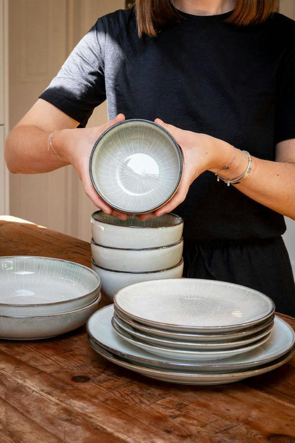 Scandi Home Fika 12-Piece Ceramic Tableware Set, Oatmeal Reactive Glaze