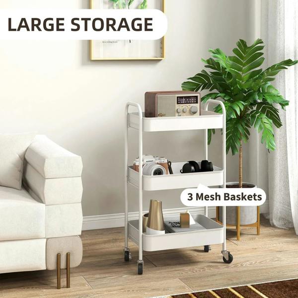 White three-tier storage trolley with open shelves and caster wheels for easy use