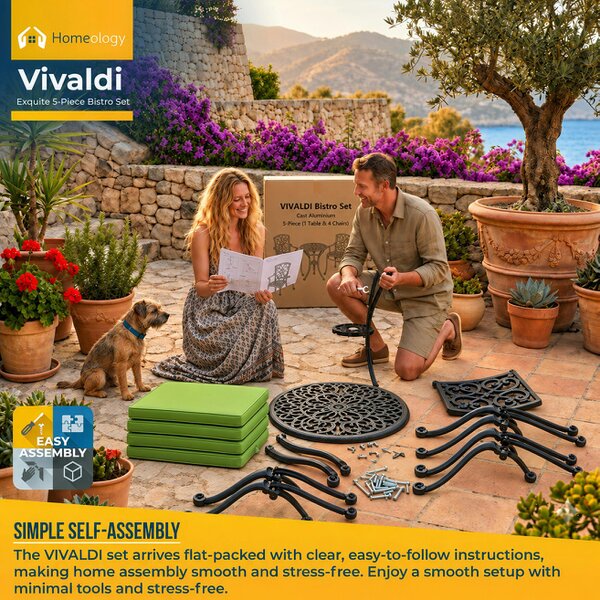 Homeology VIVALDI Black 5-Piece Cast Aluminium Garden Bistro Set - with Green Cushions