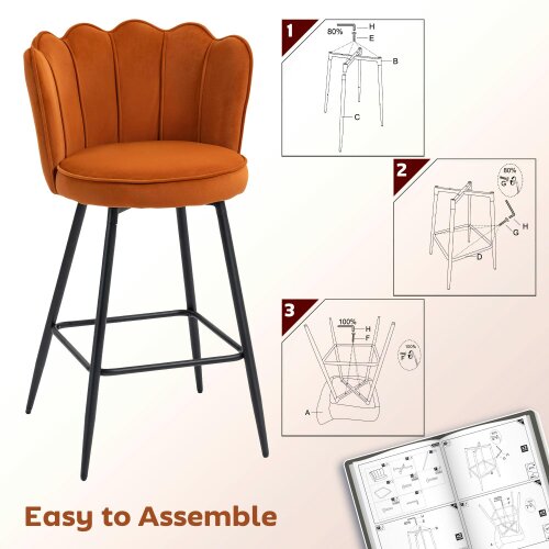 Wyld Haus Nivi Set Of 2 Orange Velvet Upholstered Lotus Design Bar Stools