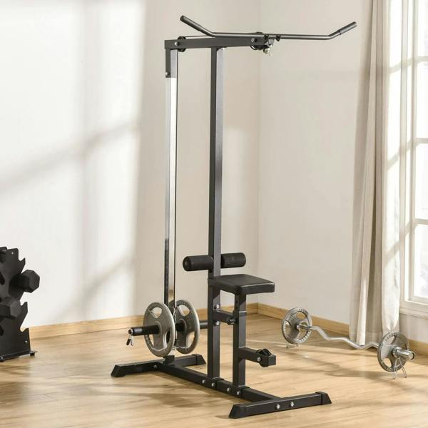Black exercise pulley power tower with padded handles and adjustable seat