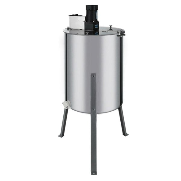 Electric honey extractor with a shiny stainless steel body, sturdy metal legs, and a black motor on top for efficient honey extraction