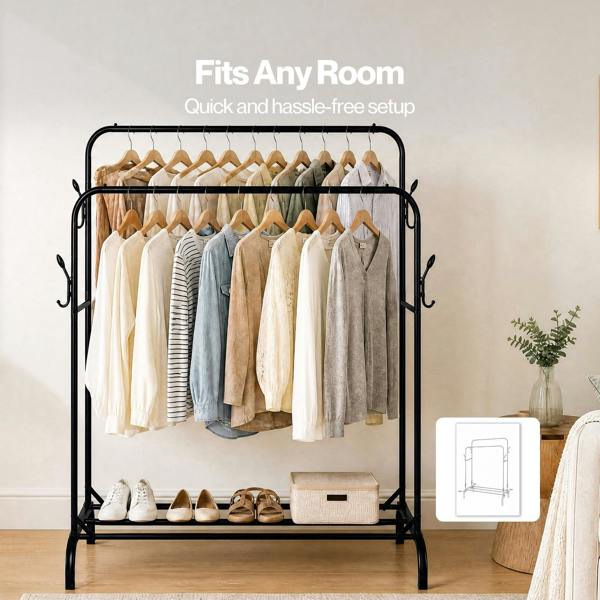 Levede Clothes Rail Heavy Duty 2 Rods Carbon Steel Rack with Shelf Bedroom Black