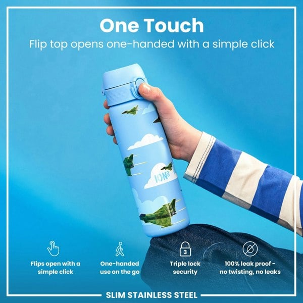 ION8 Leak Proof Slim Water Bottle, Stainless Steel, Fighter Jets, 600ml (20oz)