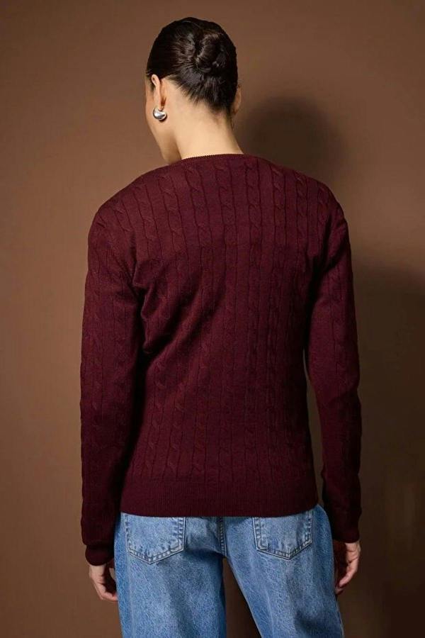 WOVCOR Horse Embroidered V-Neck Cable Knit Sweater