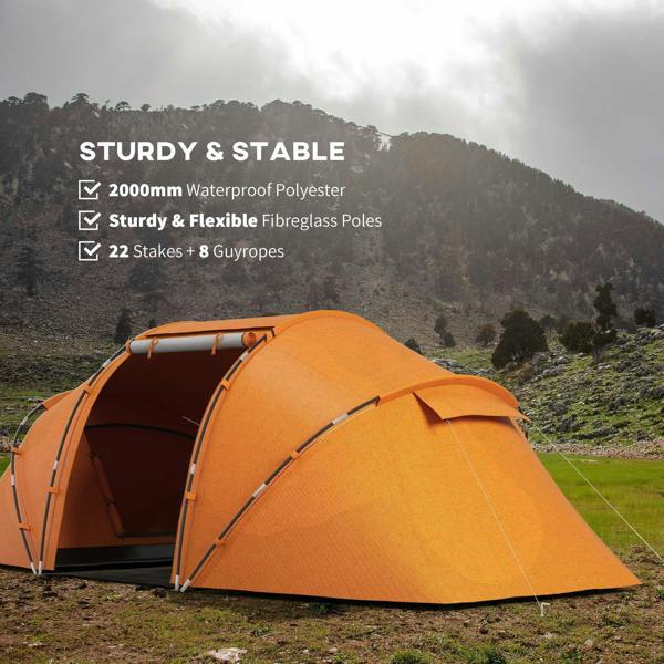 Orange tunnel camping tent with arched front doorway and extended side room