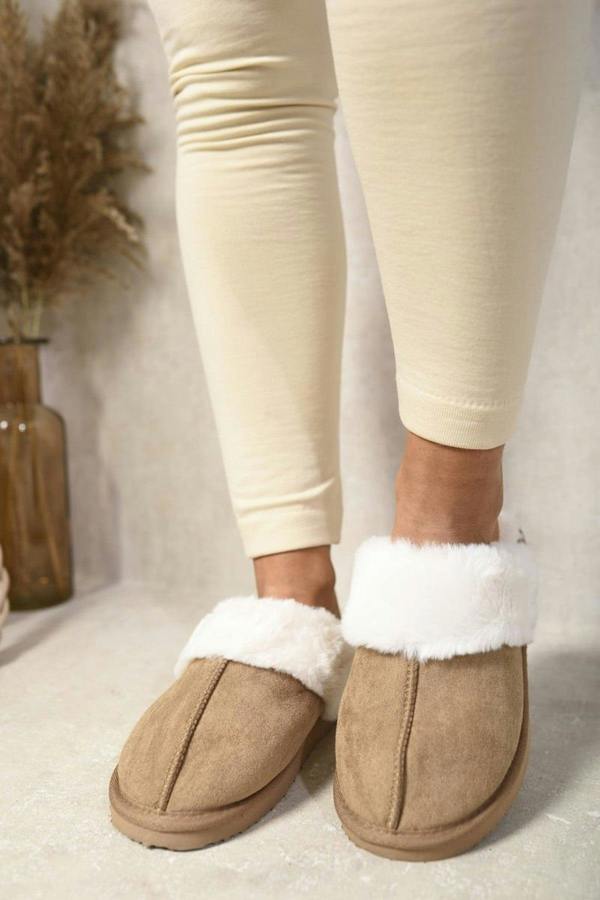 Josie Fuzzy Faux Fur Lined Slip-on Slippers - Camel
