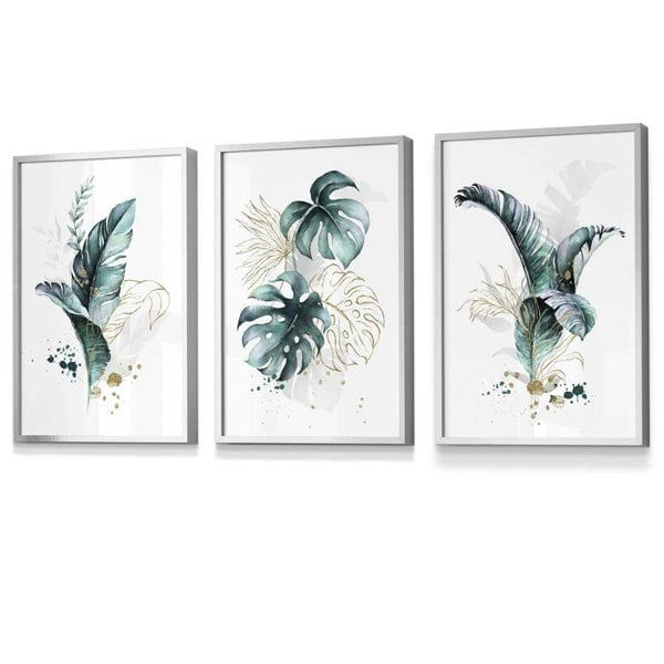 Artze Wall Art Teal Blue and Gold Botanical Set of 3 Floral Framed Prints