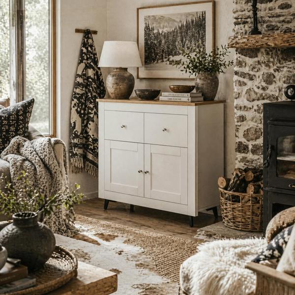 Wyld Haus Dielro White and Natural Wooden Farmhouse Sideboard With Double Doors And 2 Storage Drawers