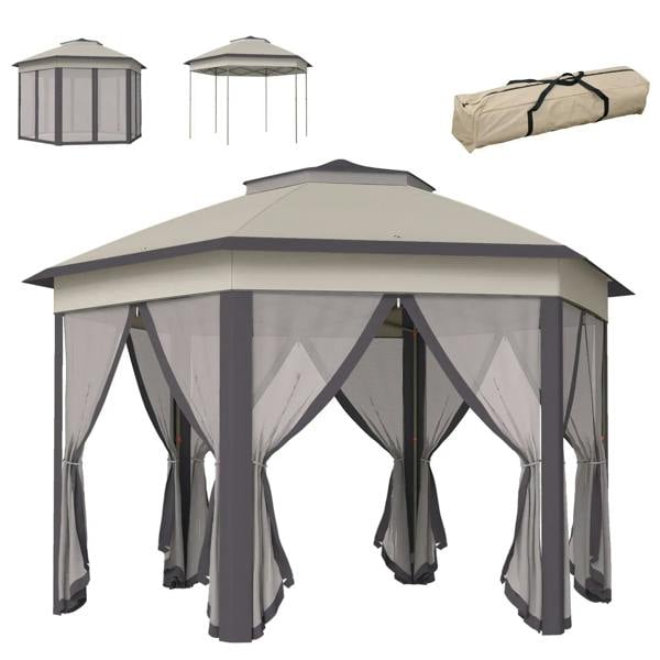 Beige hexagon pop-up garden gazebo with mesh curtains and double roof