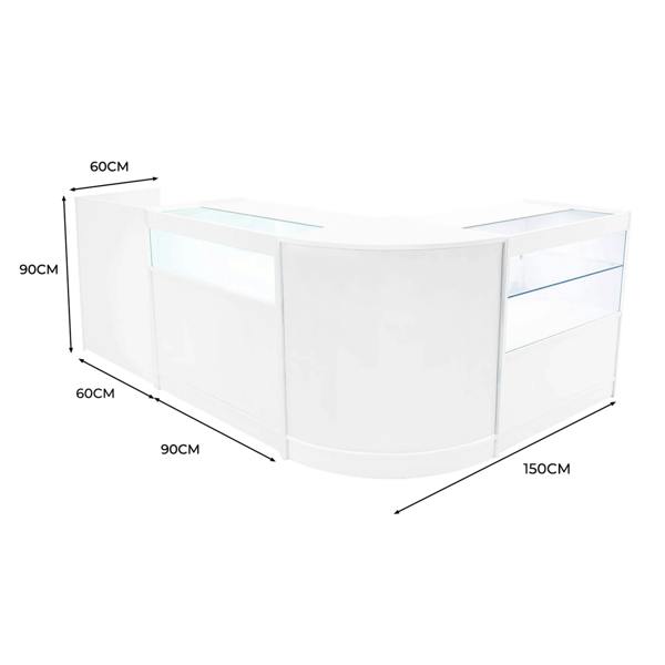 Gravity LED Shop Counter Set in white, featuring sleek curves, glass display sections, and dimensions of 150cm x 90cm x 60cm