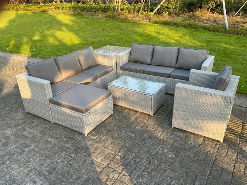 Fimous Light Grey PE Rattan Garden Furniture Set Corner Lounge Sofa Set Oblong Square Coffee Table Big Footstool Armchair