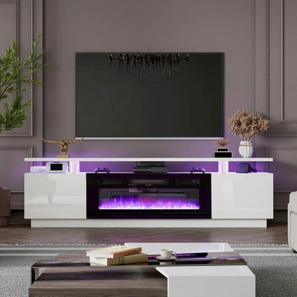 Modern Electric Fireplace TV Stand with Adjustable Flames and Stylish Storage Living and Home White Fireplace TV Stand