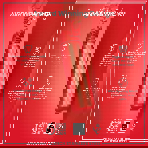 A red stainless steel water bottle is being held against a red background. Features include a hide-away handle, hygiene cover, and crevice-free design. The bottle is a 2024 German Design Award winner.