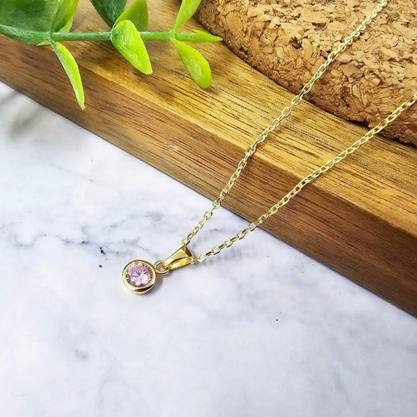 Mini Round Rose Quartz October Birthstone Pendant Necklace